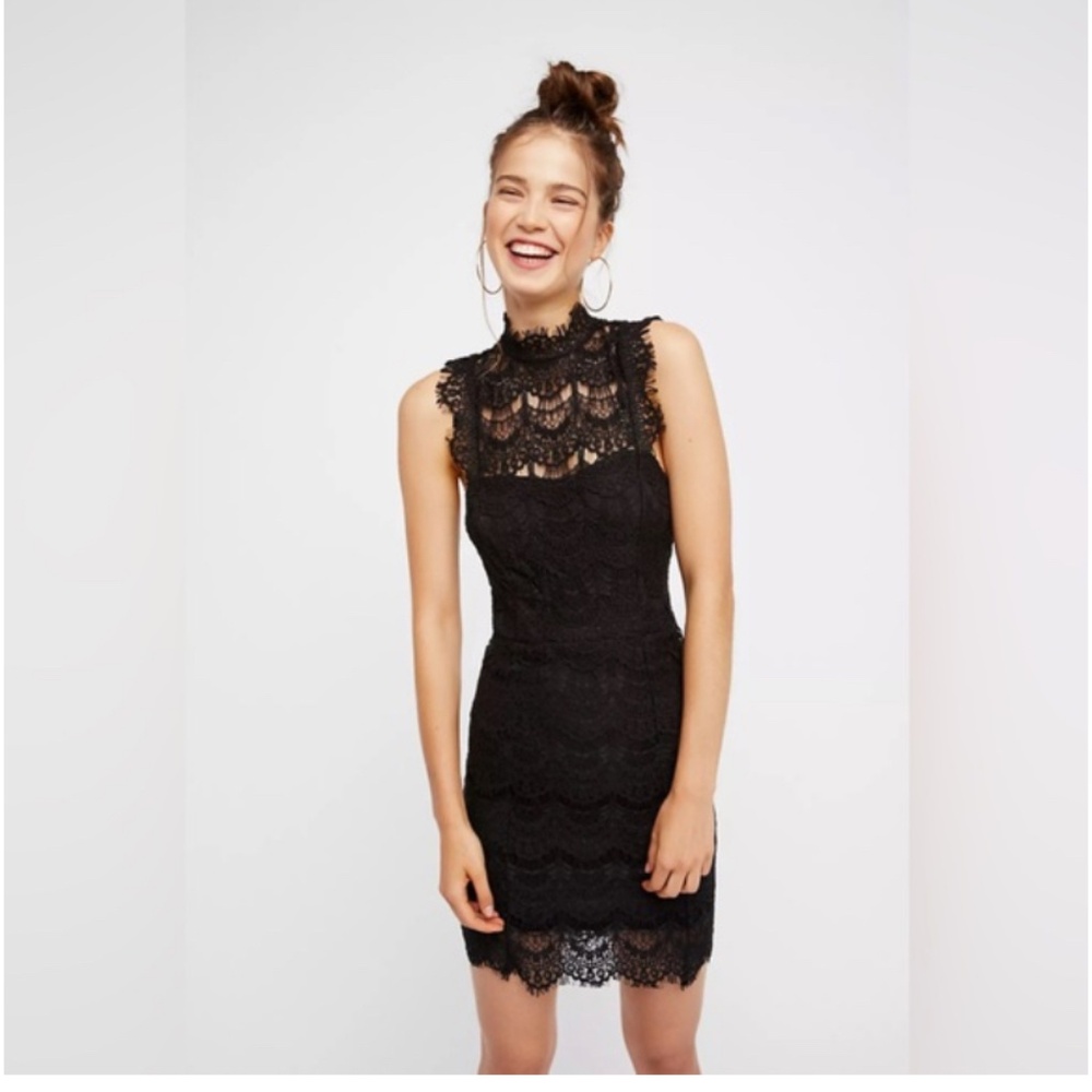 FREE PEOPLE Daydream Dress Black Bodycon Lace Open Back Slip Medium
